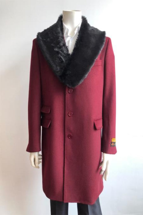 Men's Burgundy Fur Collar Two Flap Front Pockets Full Length Men's Carcoat - Car Coat Mid Length Three Quarter Length Coat USA Men's Outlet