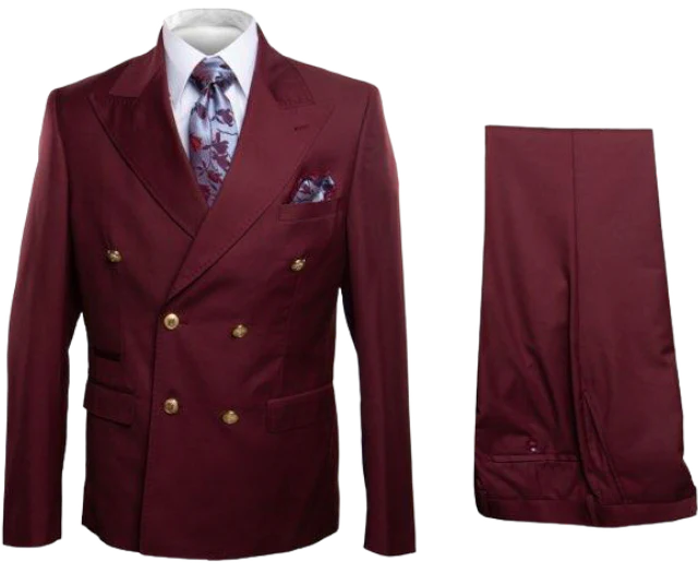 Rossi Man Burgundy Mens Double Breasted Slim-fit Suit Gold Buttons