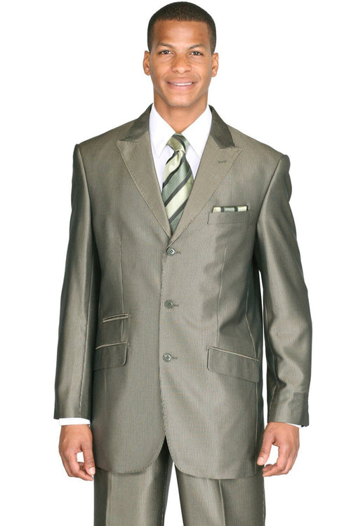 Mens 3 Button Peak Lapel Shiny Sharkskin Micro Pinstripe Suit in Olive Green by Fortino Landiin