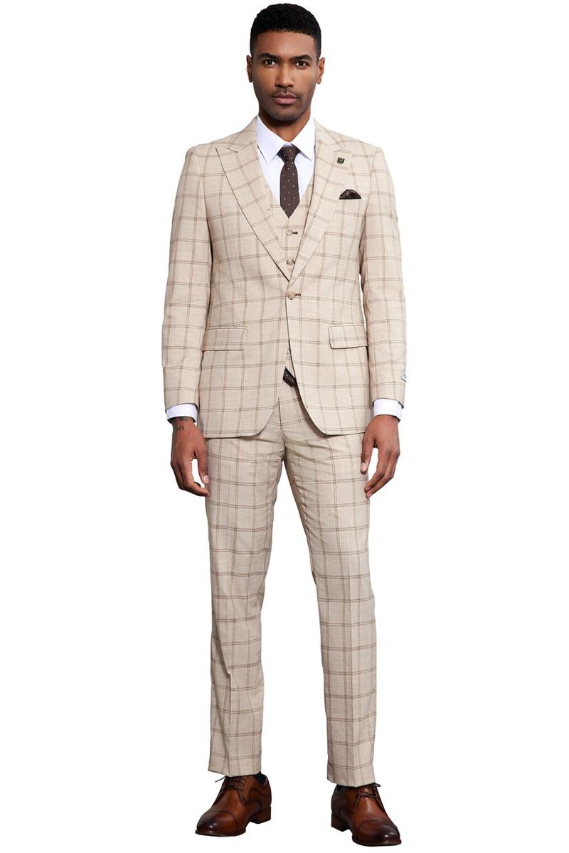 Men's Stacy Adams One Button Peak Lapel Vested Windowpane Plaid Suit in Tan