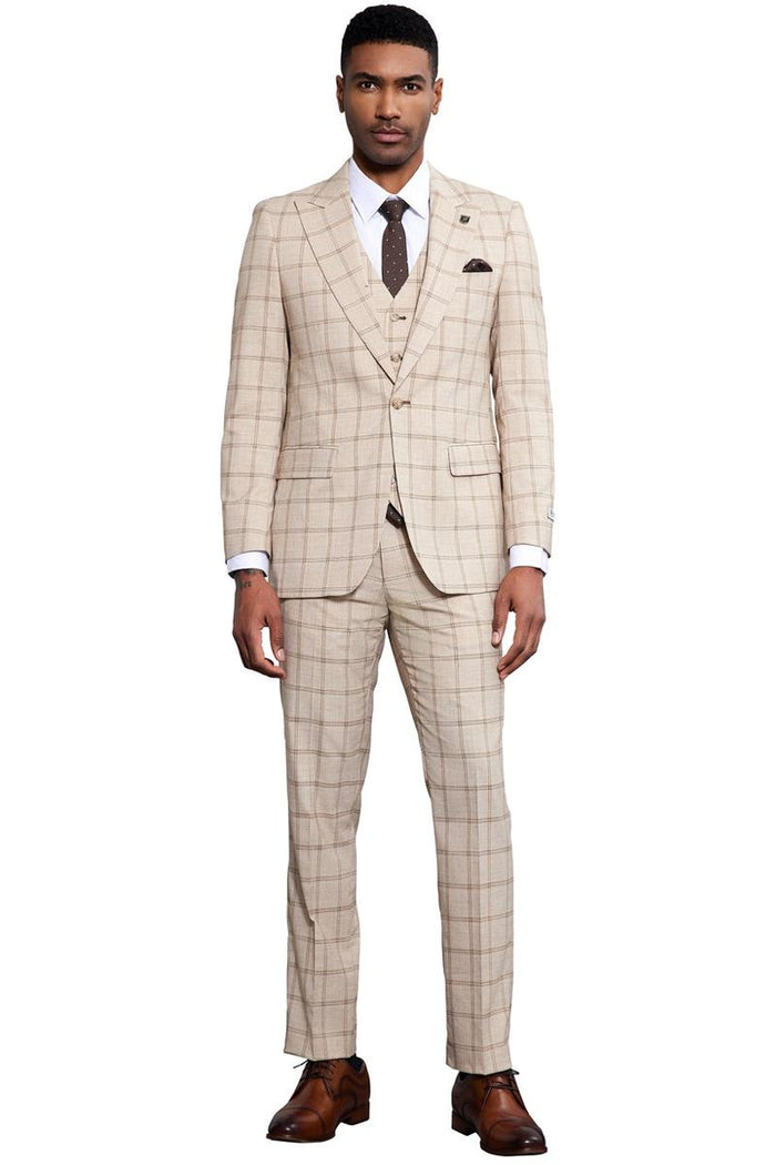 Men's Stacy Adams One Button Peak Lapel Vested Windowpane Plaid Suit in Tan