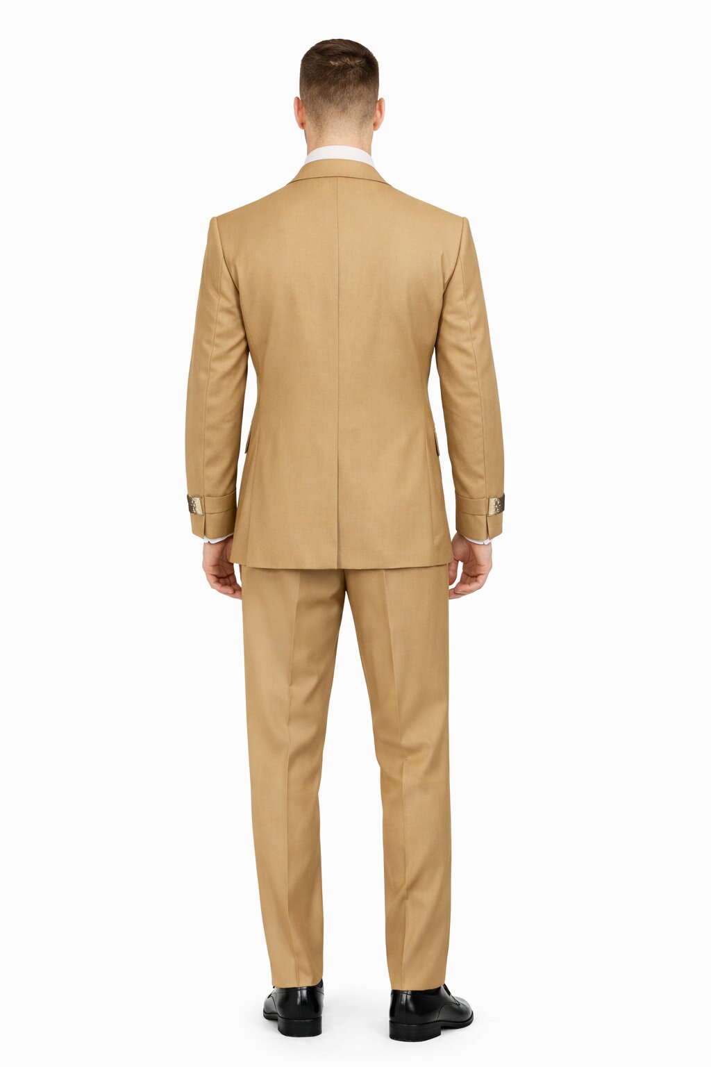 Men’s Camel Double Breasted Wool Suit with Metal Buckle Closure