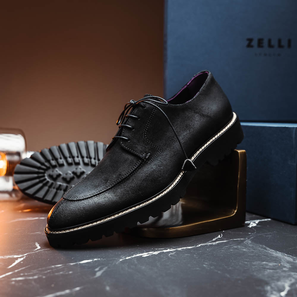 Zelli Campo Sueded Goatskin Lace-up Blucher Shoes in Black