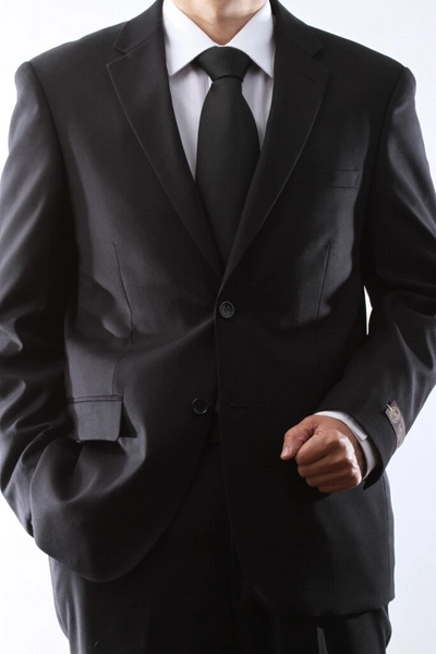 Caravelli Brand Suits - Mens 2 Button Superior 150s Black Wool Feel Suit Flat Front Pant