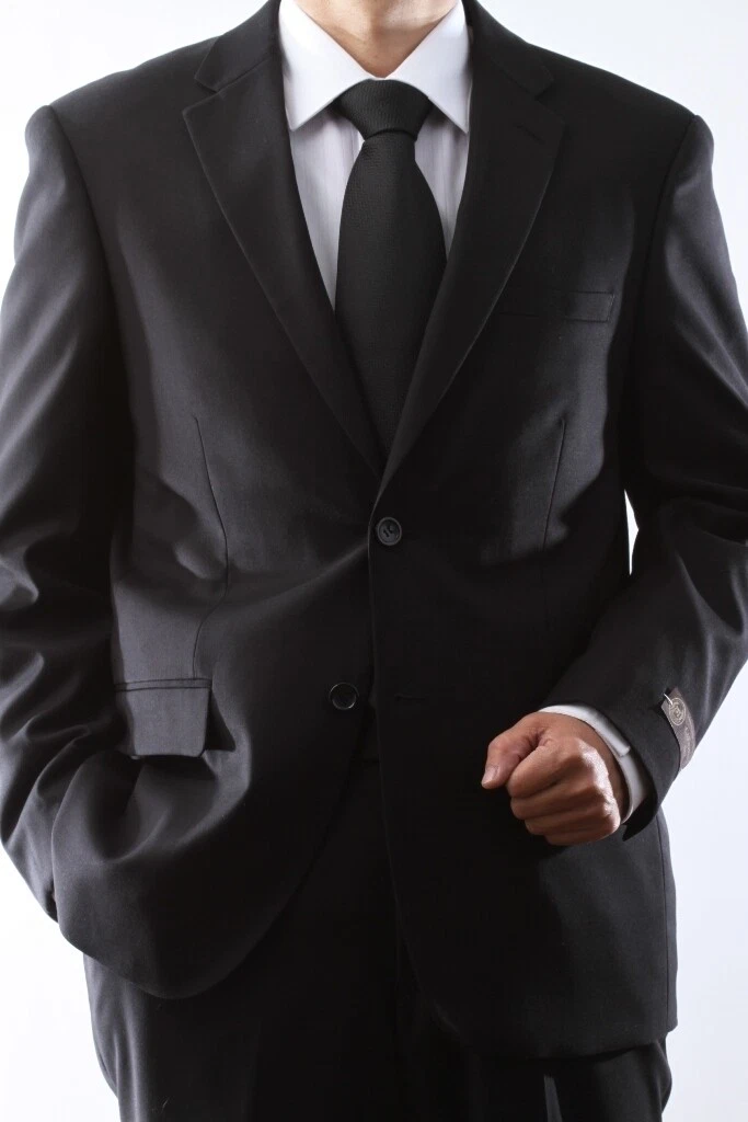 Caravelli Brand Suits - Mens 2 Button Superior 150s Black Wool Feel Suit Flat Front Pant