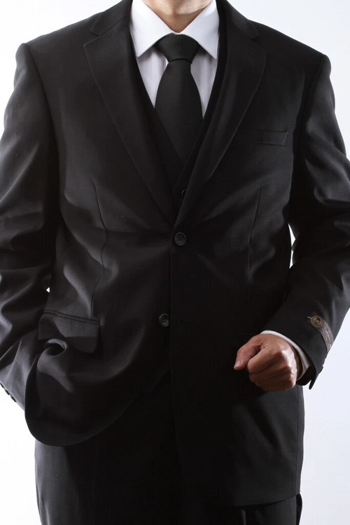 Caravelli Brand Suits - Mens 2 Button Superior 150s P/R Black 3PC Vstd Suit