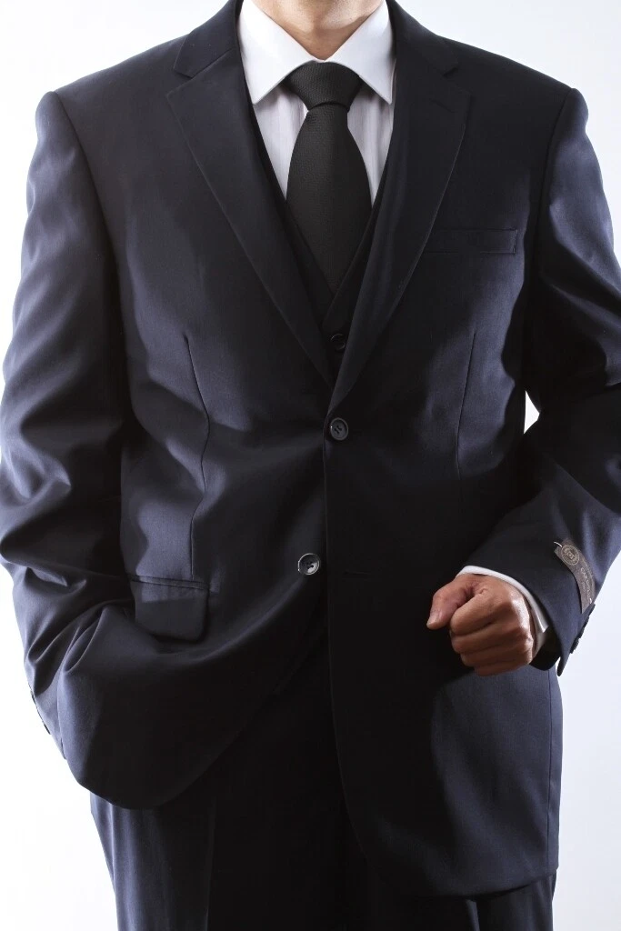 Caravelli Brand Suits - Mens 2 Button Superior 150s P/R Wool Feel Navy 3pc Vested Suit