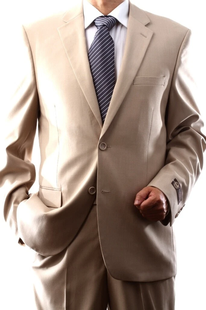 Caravelli Brand Suits - Mens 2 Button Superior 150s Poly/Vis Beige 3pc Vested Suit – SuitUSA