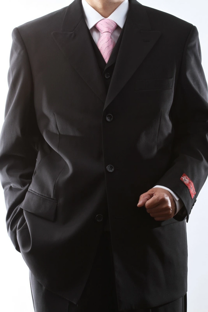 Caravelli Brand Suits - Mens 2 Button Superior 150s P/R Wool Feel Black 3pc Vested Suit