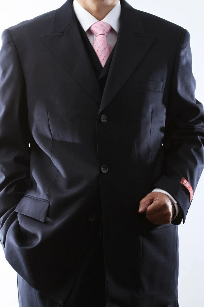 Caravelli Brand Suits - Mens 2 Button Superior 150s P/R Wool Feel 3 Button Navy 3pc Vested Suit