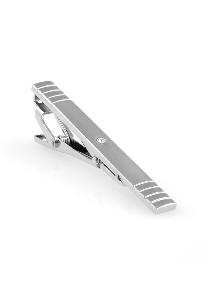 Brushed Silver with Center Crystal Premium Tie Bar by Cardi