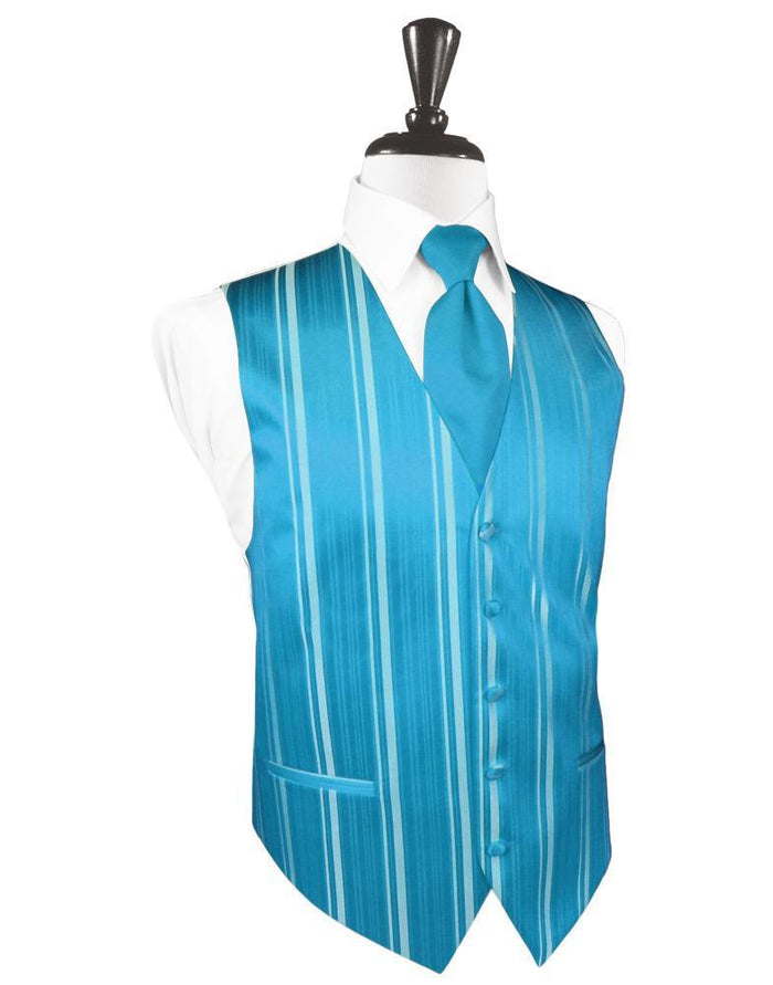 Turquoise Striped Satin Tuxedo Vest Cardi