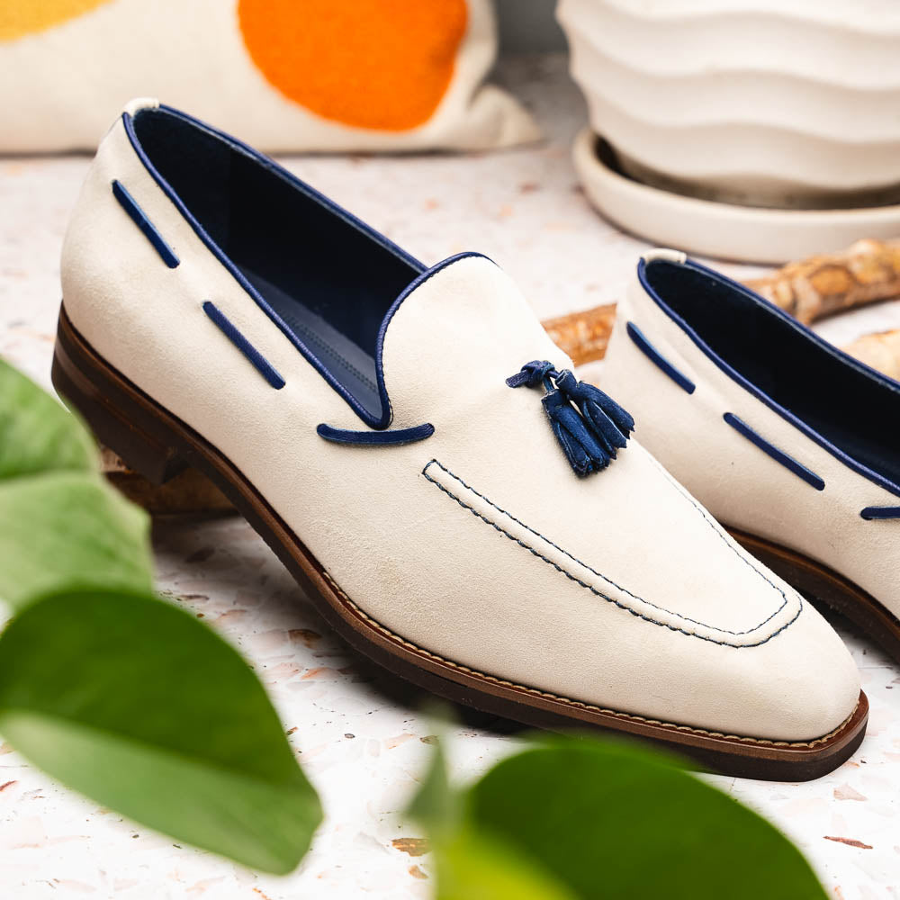 Zelli Carmen Italian Sueded Goatskin Tassel Loafers in Sand