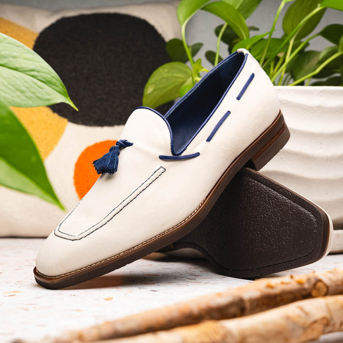 Zelli Carmen Italian Sueded Goatskin Tassel Loafers in Sand