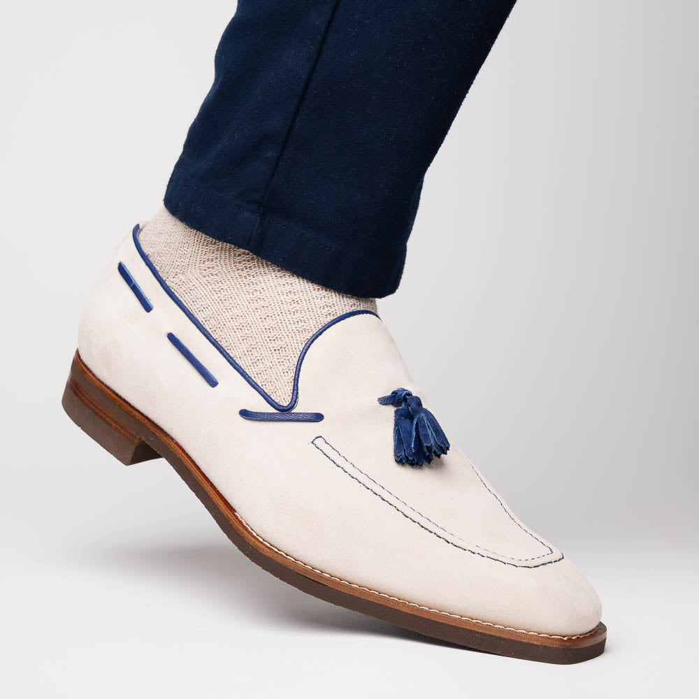 Zelli Carmen Italian Sueded Goatskin Tassel Loafers in Sand