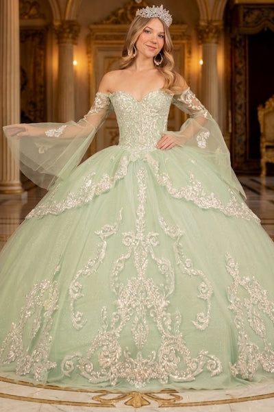 Off Shoulder Quinceañera Ball Gown with Glitter Tulle Sequin Embroidery Dress by Elizabeth K GL3109