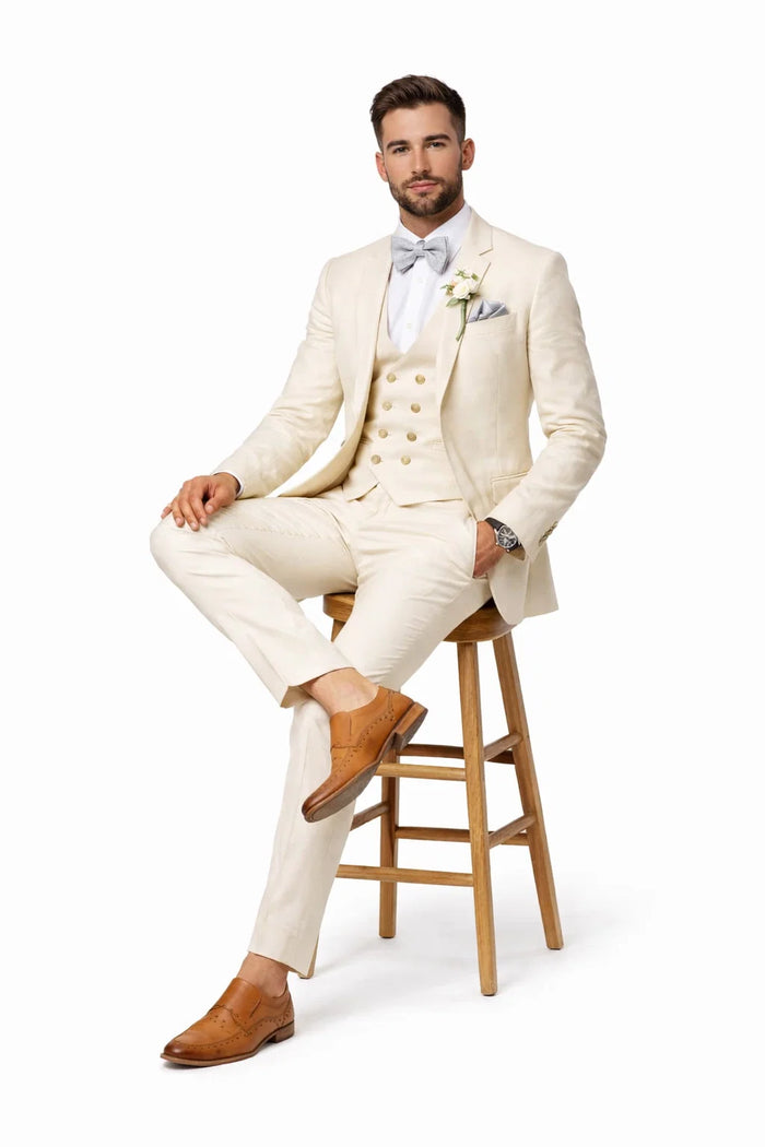 Champagne Color Suit With Double Breasted Vest in Light Tan Sand Color - Slim Fitted Summer Wedding Suit by USA Men's Outlet