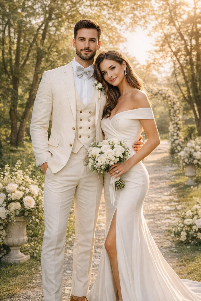 Champagne Color Suit With Double Breasted Vest in Light Tan Sand Color - Slim Fitted Summer Wedding Suit by USA Men's Outlet