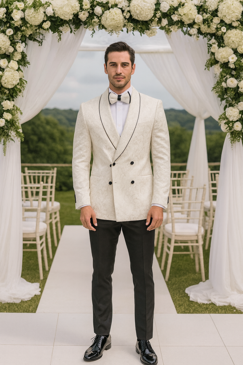 Champagne Double Breasted Paisley Tuxedo – Three Piece Set