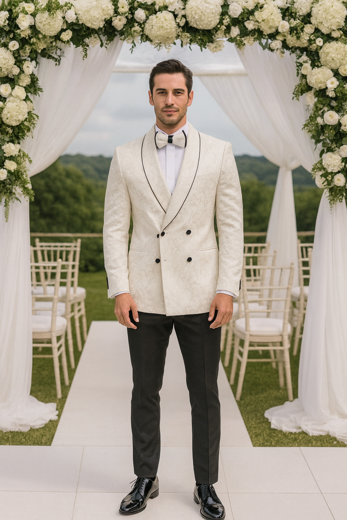 Champagne Double Breasted Paisley Tuxedo – Three Piece Set