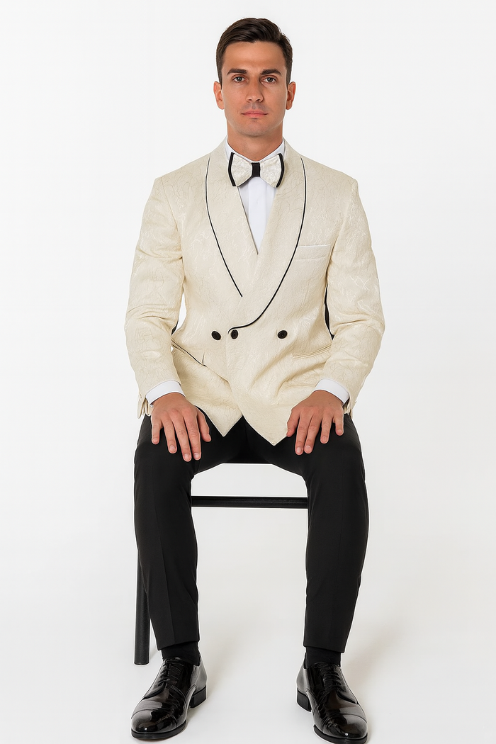 Champagne Double Breasted Paisley Tuxedo – Three Piece Set