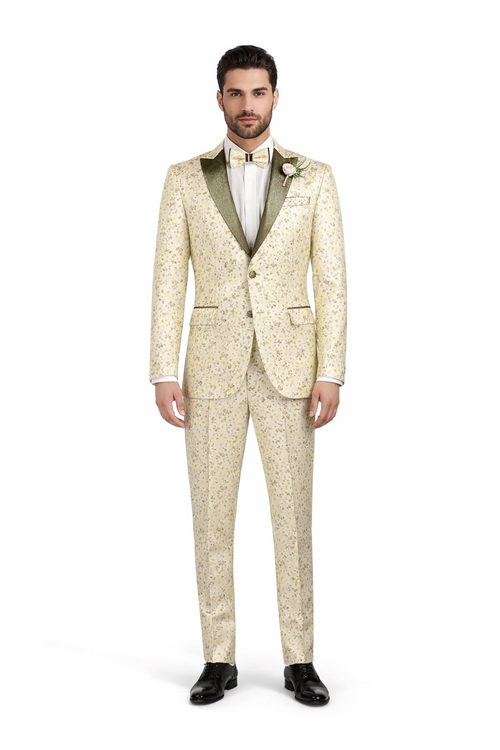 Champagne Gold Floral Tuxedo Suit for Men – Two-Piece Wedding Tux with Bow Tie and Satin Lapel