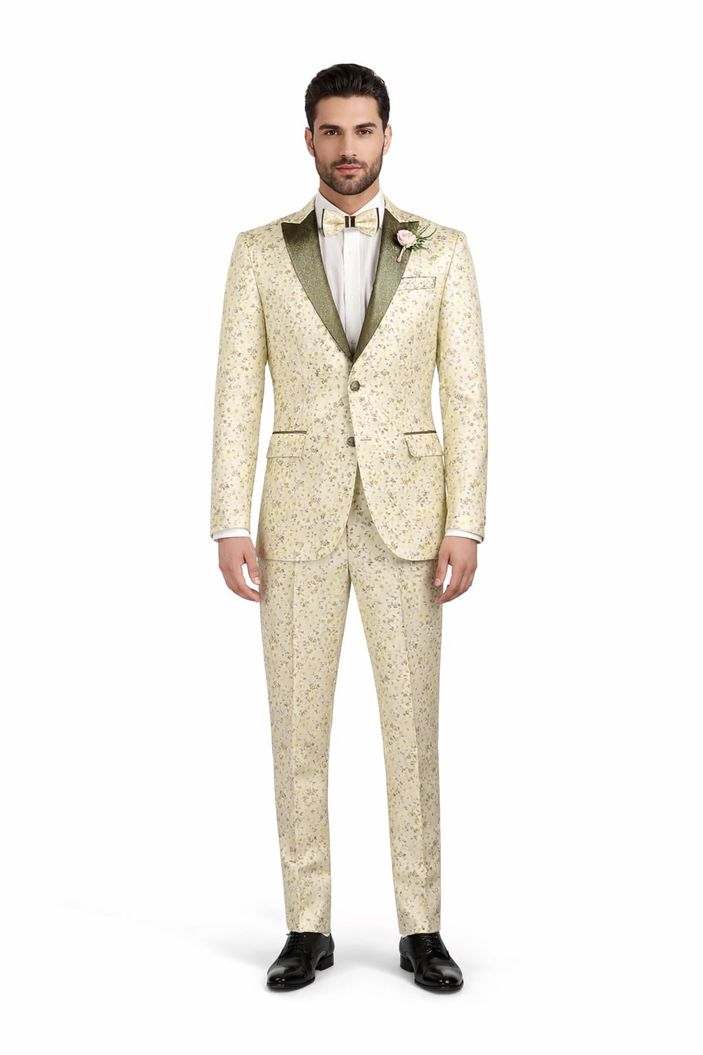 Champagne Gold Floral Tuxedo Suit for Men – Two-Piece Wedding Tux with Bow Tie and Satin Lapel