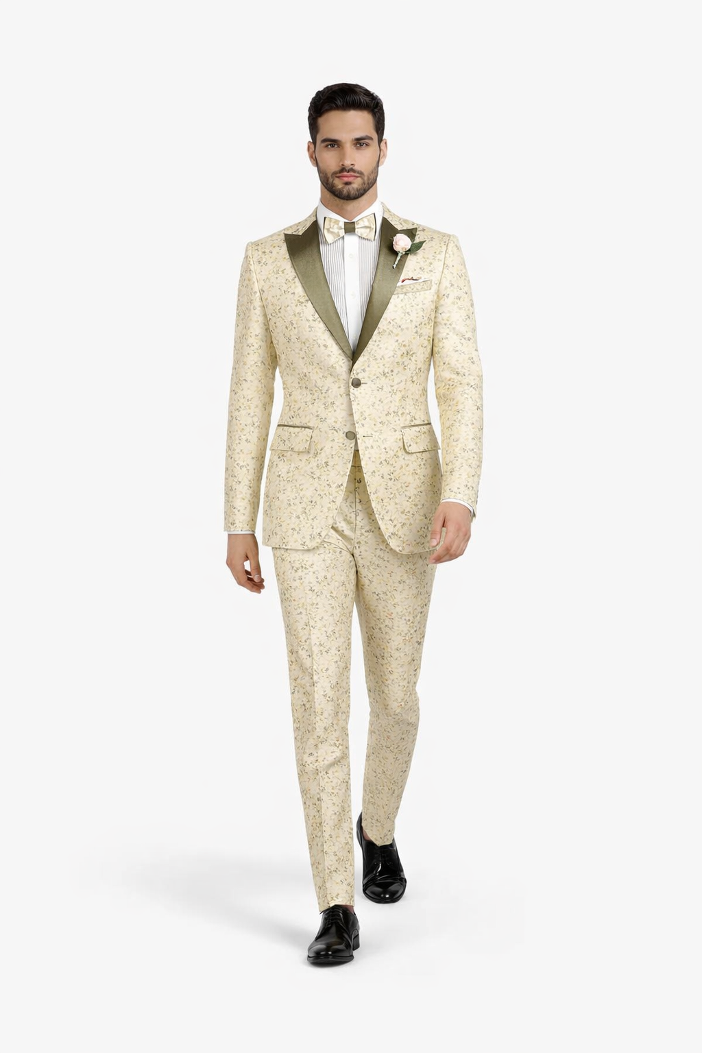 Champagne Gold Floral Tuxedo Suit for Men – Two-Piece Wedding Tux with Bow Tie and Satin Lapel