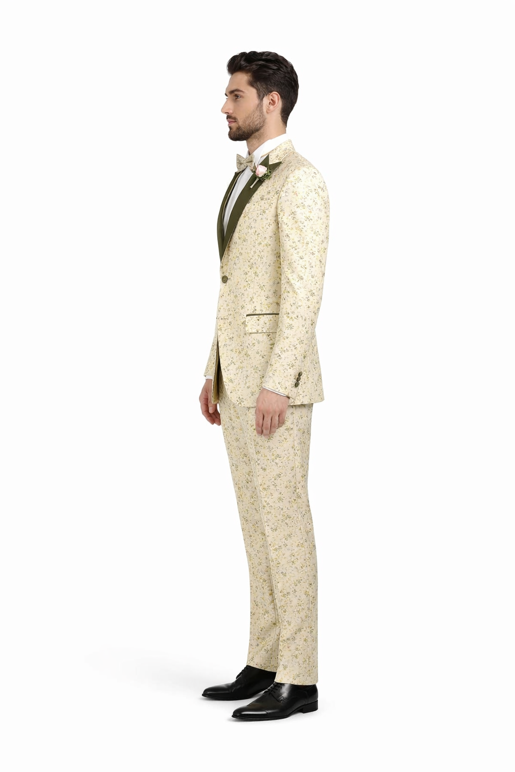 Champagne Gold Floral Tuxedo Suit for Men – Two-Piece Wedding Tux with Bow Tie and Satin Lapel