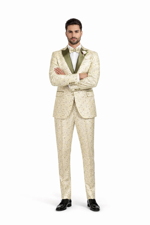 Champagne Gold Floral Tuxedo Suit for Men – Two-Piece Wedding Tux with Bow Tie and Satin Lapel