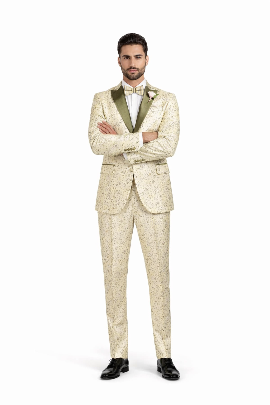 Champagne Gold Floral Tuxedo Suit for Men – Two-Piece Wedding Tux with Bow Tie and Satin Lapel