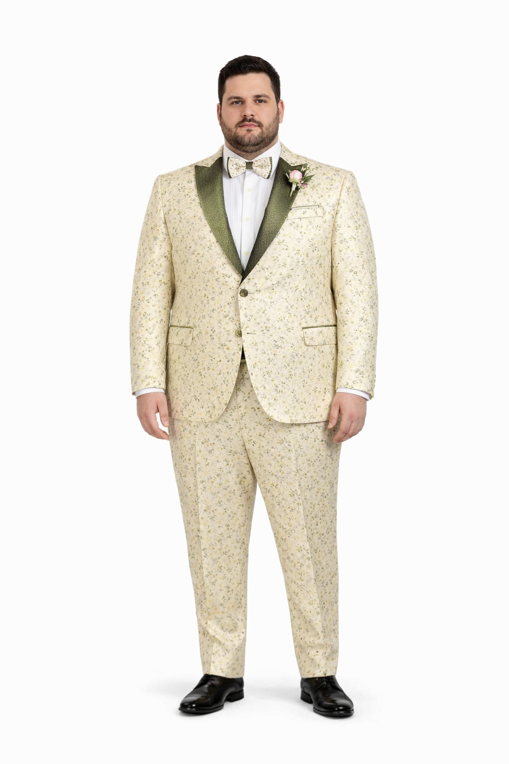 Champagne Gold Floral Tuxedo Suit for Men – Two-Piece Wedding Tux with Bow Tie and Satin Lapel