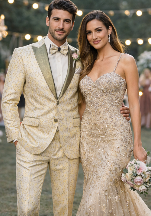 Champagne Gold Floral Tuxedo Suit for Men – Two-Piece Wedding Tux with Bow Tie and Satin Lapel