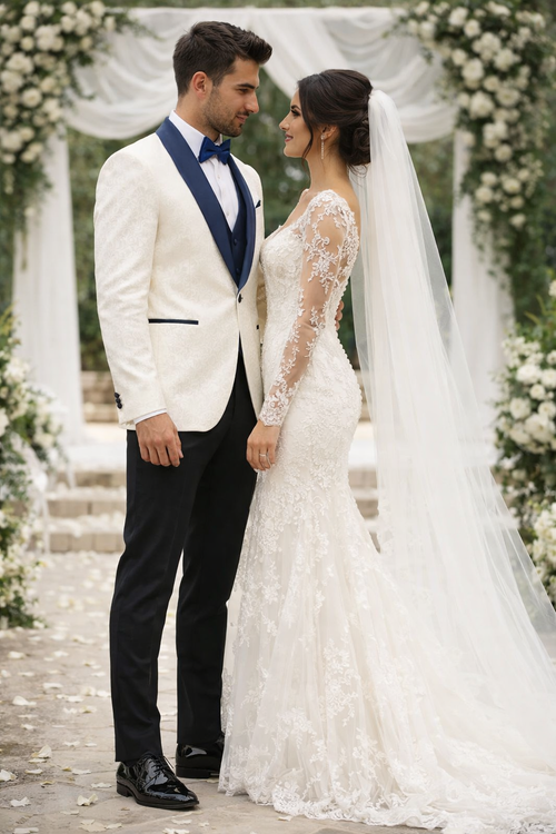 Elegant White Metallic Flake Navy Tuxedo – Men’s 3-Piece Formal Suit