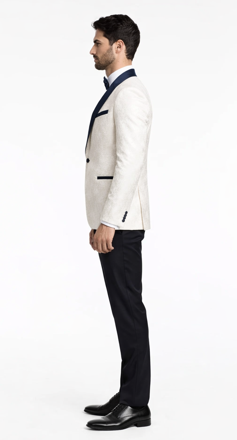 Elegant White Metallic Flake Navy Tuxedo – Men’s 3-Piece Formal Suit