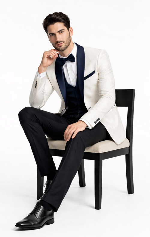 Elegant White Metallic Flake Navy Tuxedo – Men’s 3-Piece Formal Suit