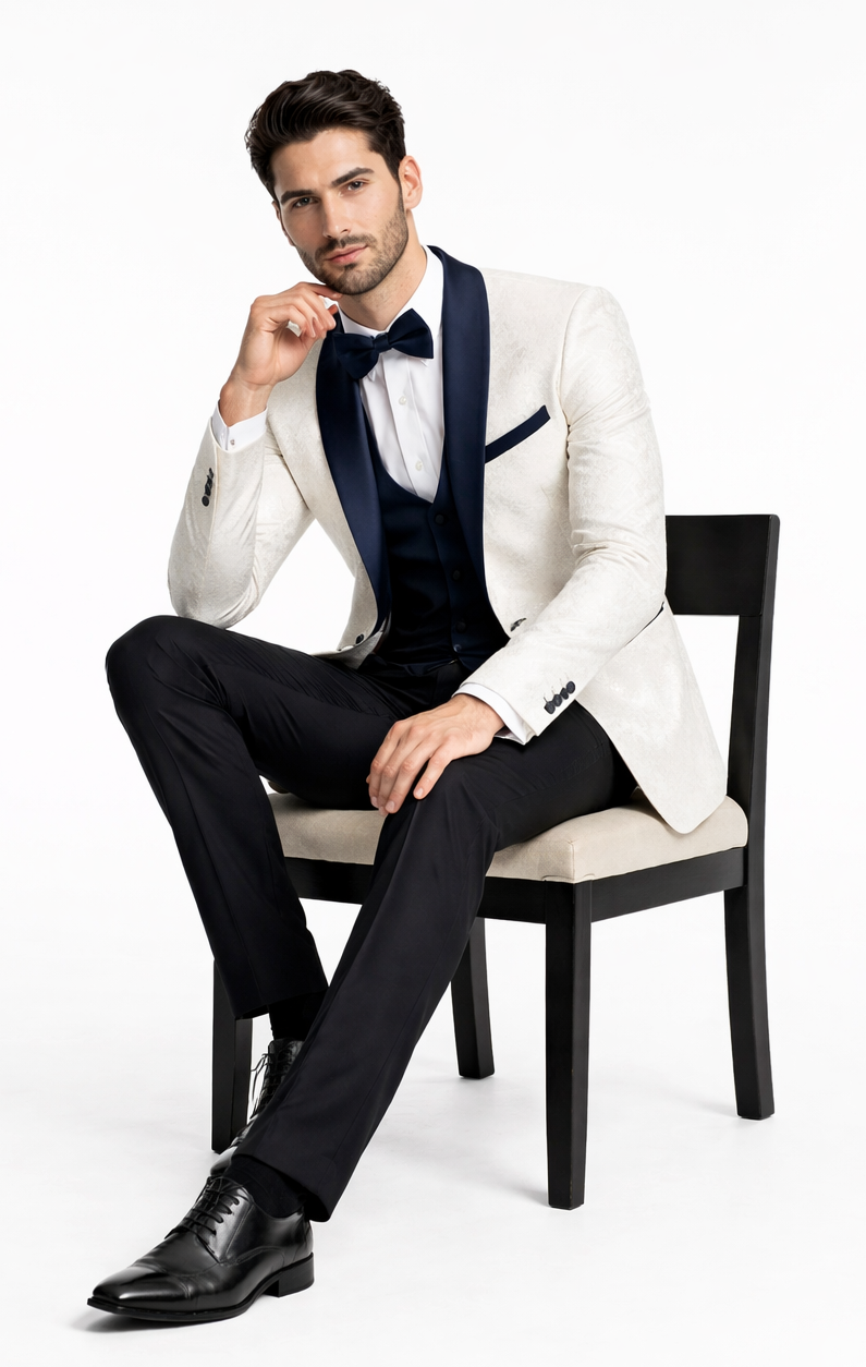 Elegant White Metallic Flake Navy Tuxedo – Men’s 3-Piece Formal Suit