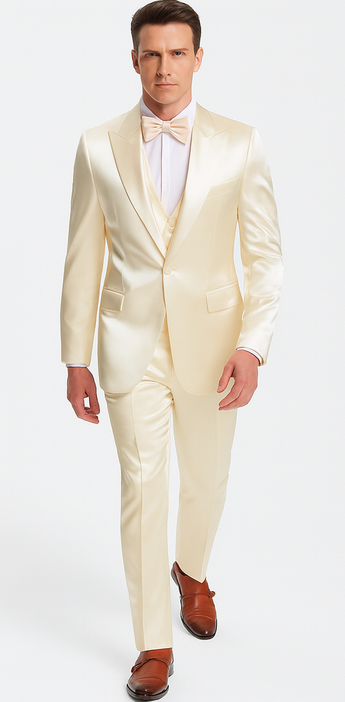 Stylish Champagne Satin 3 Piece Slim Fit Tazzio Men's Suit with Double Breasted Vest and Peak Lapel