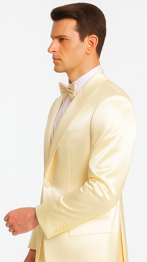 Stylish Champagne Satin 3 Piece Slim Fit Tazzio Men's Suit with Double Breasted Vest and Peak Lapel