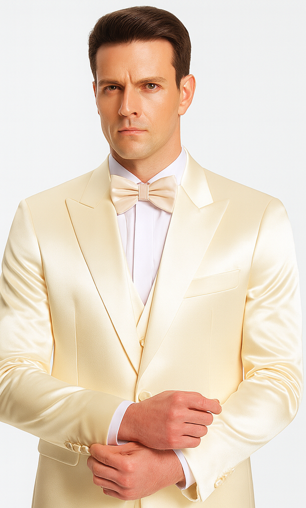 Stylish Champagne Satin 3 Piece Slim Fit Tazzio Men's Suit with Double Breasted Vest and Peak Lapel