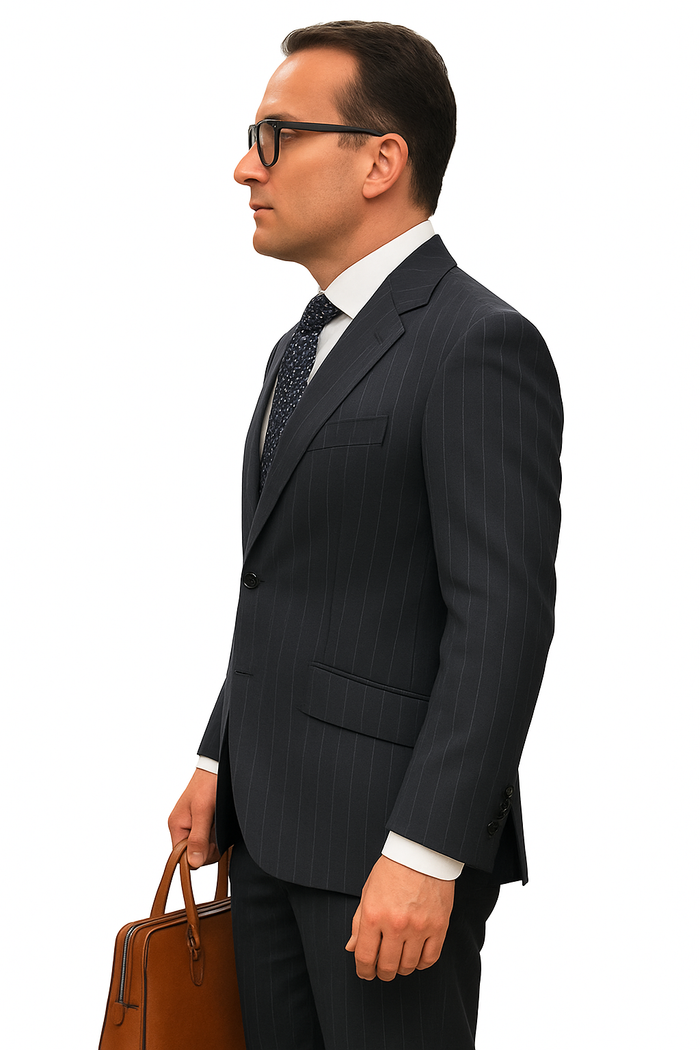 Statement Suits - Wool Suits - Peak Lapel Suits - Ticket Pocket - Modern Fit - Charcoal Stripe Suit by Men's Tuxedo USA
