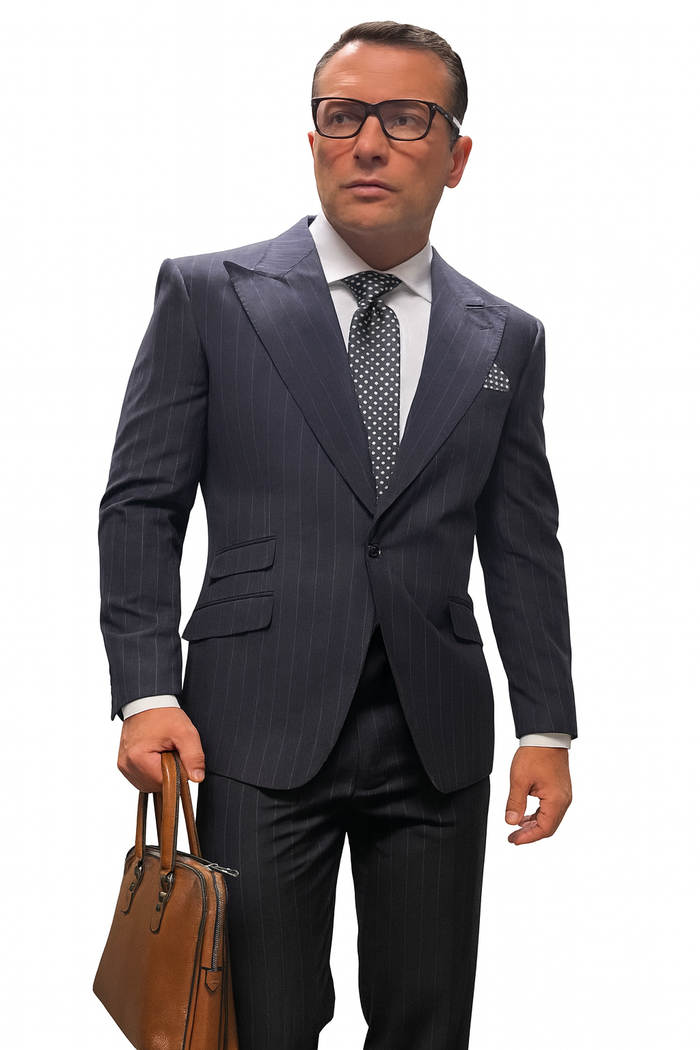 Statement Suits - Wool Suits - Peak Lapel Suits - Ticket Pocket - Modern Fit - Charcoal Stripe Suit by Men's Tuxedo USA
