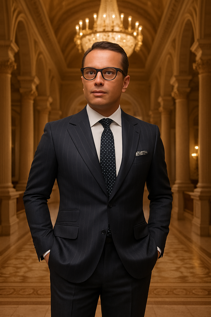 Statement Suits - Wool Suits - Peak Lapel Suits - Ticket Pocket - Modern Fit - Charcoal Stripe Suit by Men's Tuxedo USA