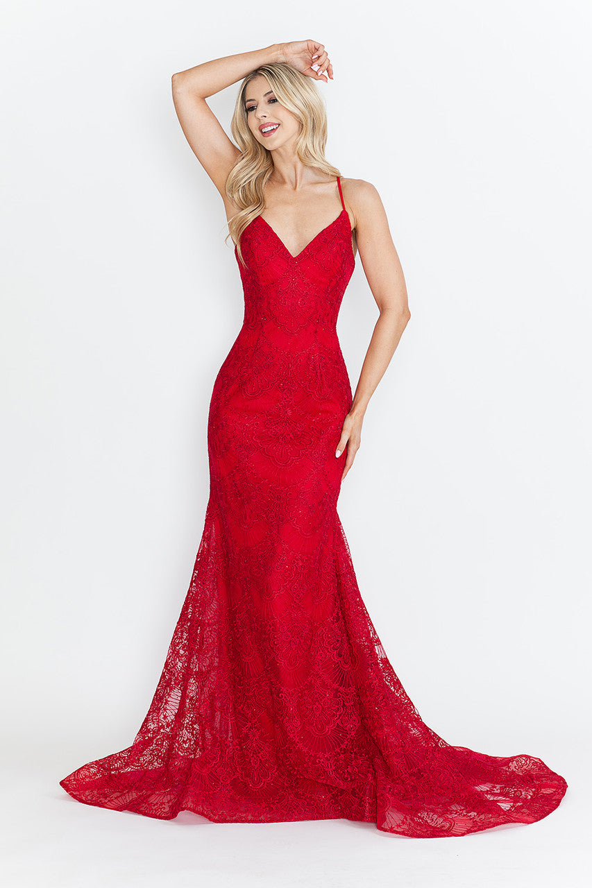 Red Carpet Dress V-Neck Spaghetti Strap Mermaid Gown By Lenovia 8338