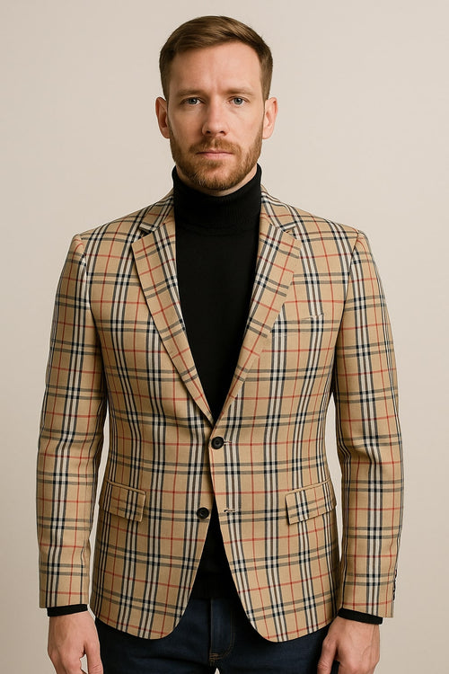 Classic Beige Checkered Blazer - Tan Plaid Sport Coat - Camel Windowpane Pattern by USA Men's Outlet