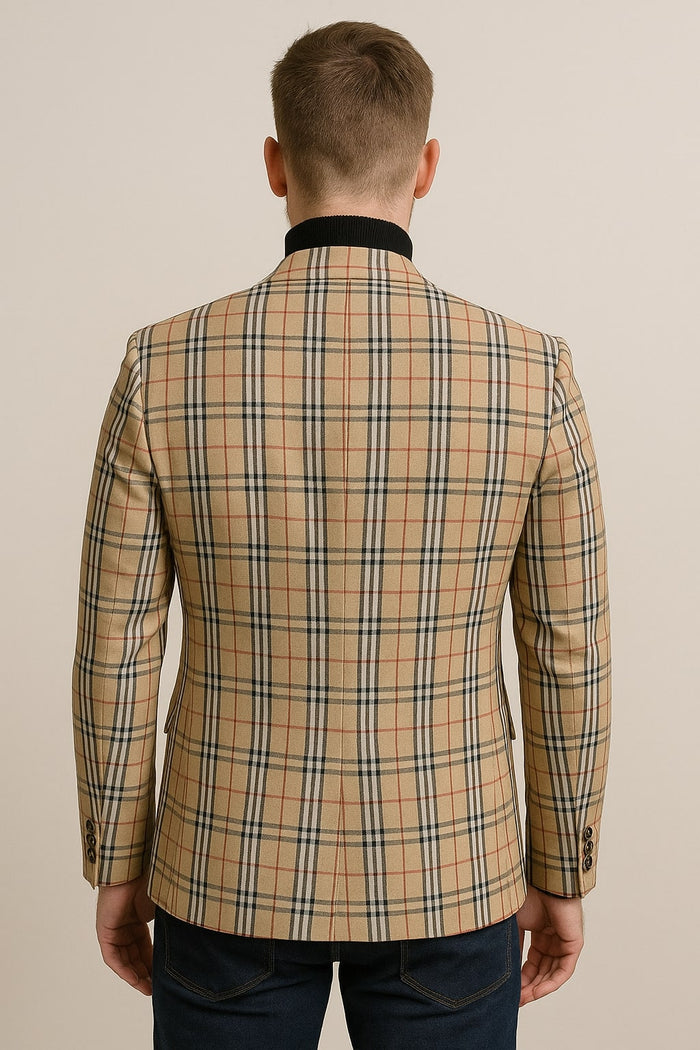 Classic Beige Checkered Blazer - Tan Plaid Sport Coat - Camel Windowpane Pattern by USA Men's Outlet