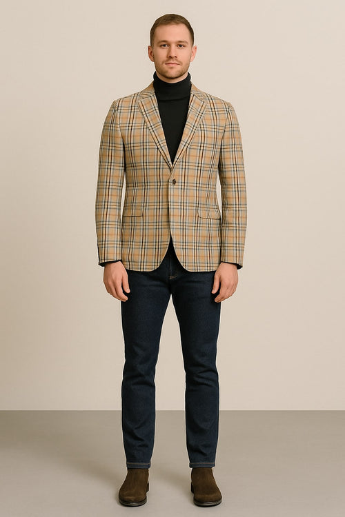Classic Beige Checkered Blazer - Tan Plaid Sport Coat - Camel Windowpane Pattern by USA Men's Outlet