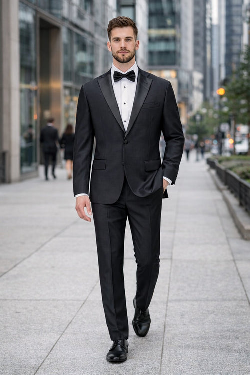 Mens Tiglio Modern Fit Black Wool Tuxedo – Classic Satin Lapel Formal Suit