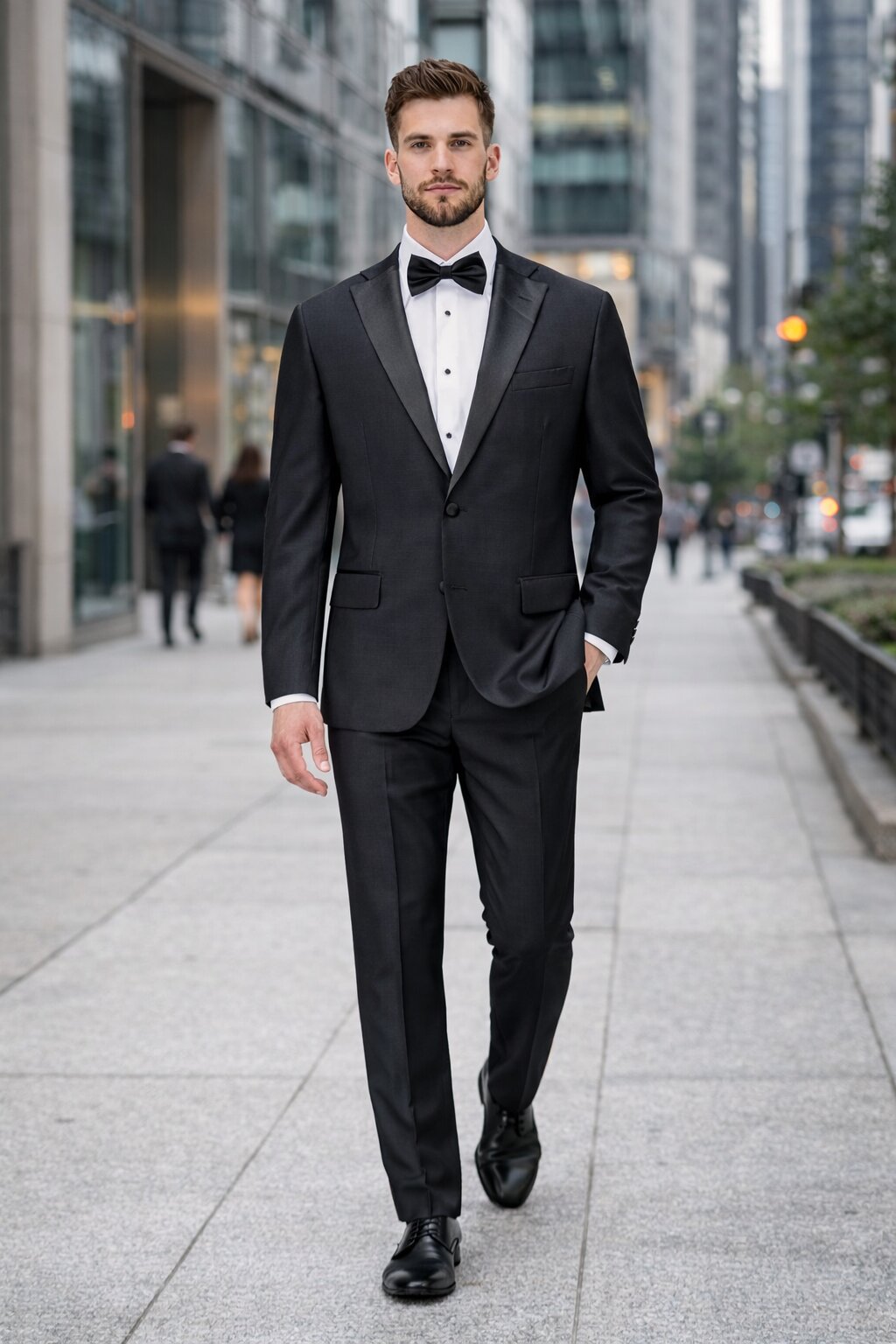 Mens Tiglio Modern Fit Black Wool Tuxedo – Classic Satin Lapel Formal Suit