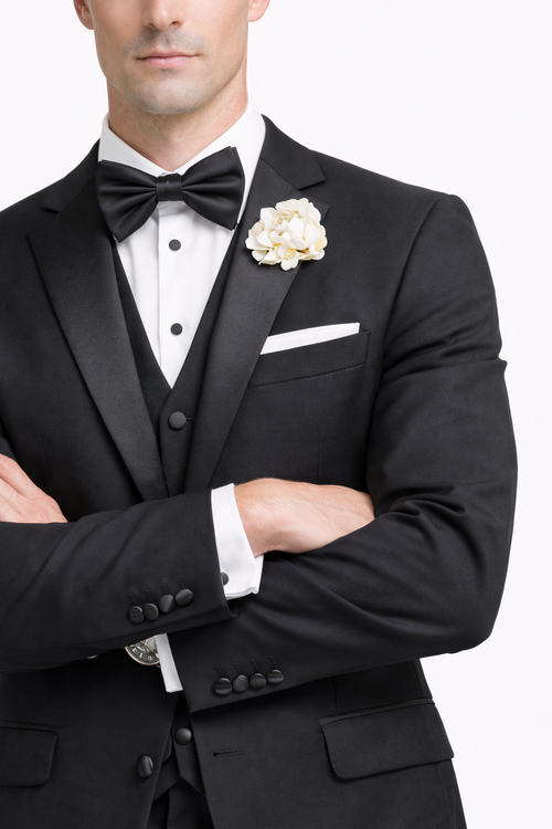 Mens Mantoni Black Tuxedo – Classic Formal Dinner Suit for Wedding, Prom and Black Tie Events